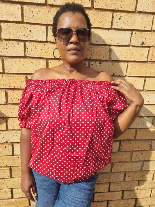 Red and White Polka Dot Off Shoulder