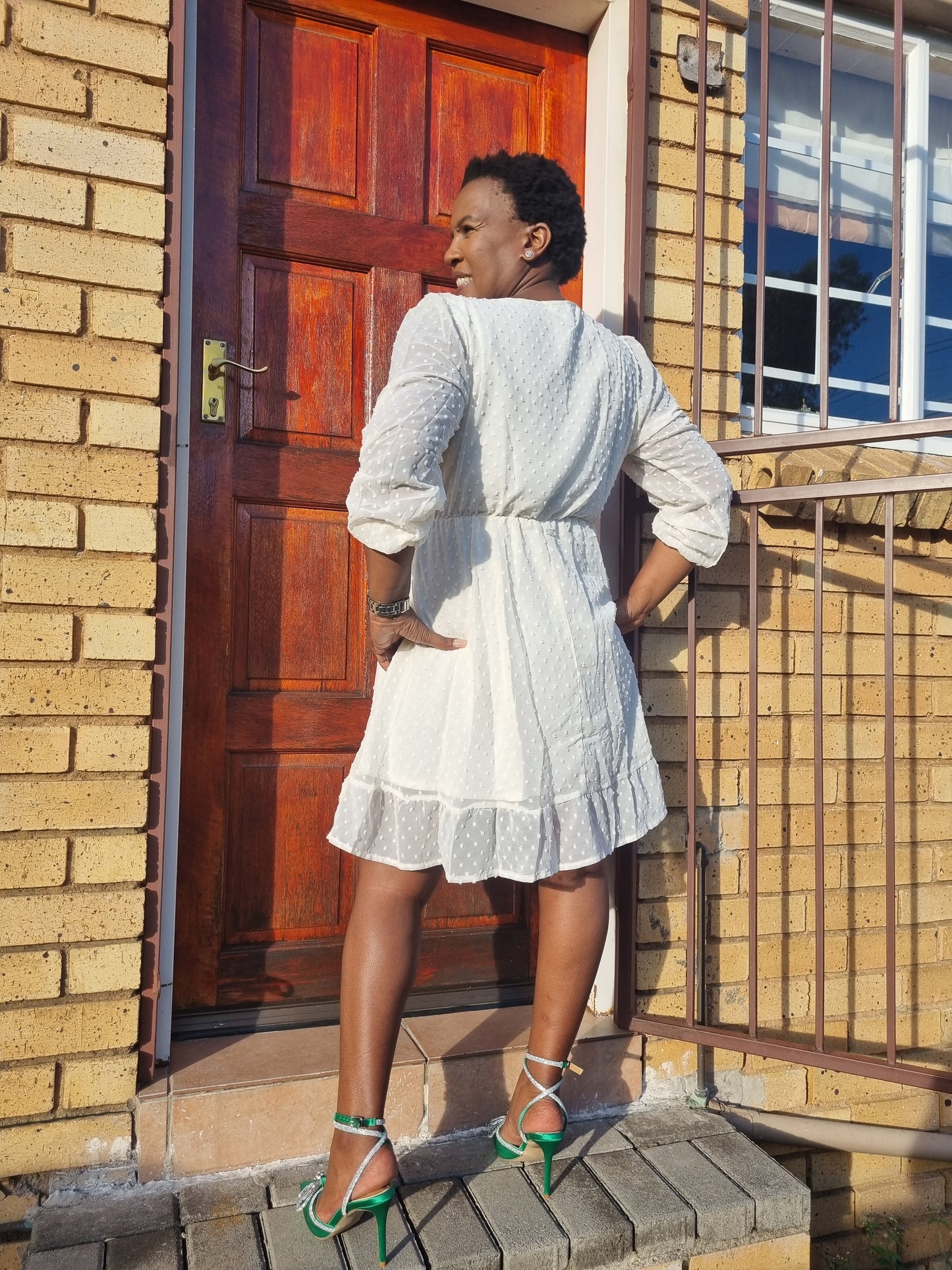 Cream V-neck Polka Dot Dress