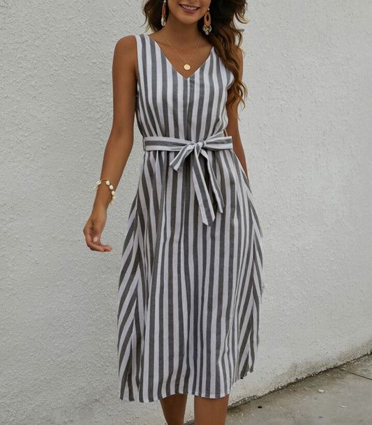 V-neck Striped Belted Midi Dress