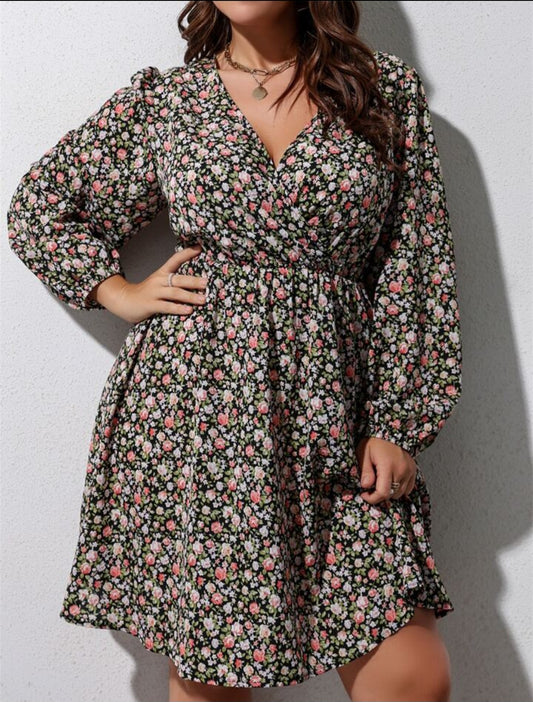 Boho Ditsy Floral Print Lantern Sleeve Dress