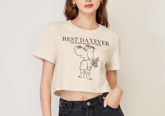 Cropped Slogan and Cartoon Graphic Crop Tee